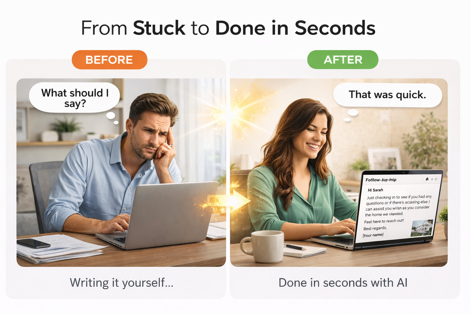 Before and after comparison showing a realtor stuck before using AI and another realtor finishing a follow-up message quickly with OmniMindPro